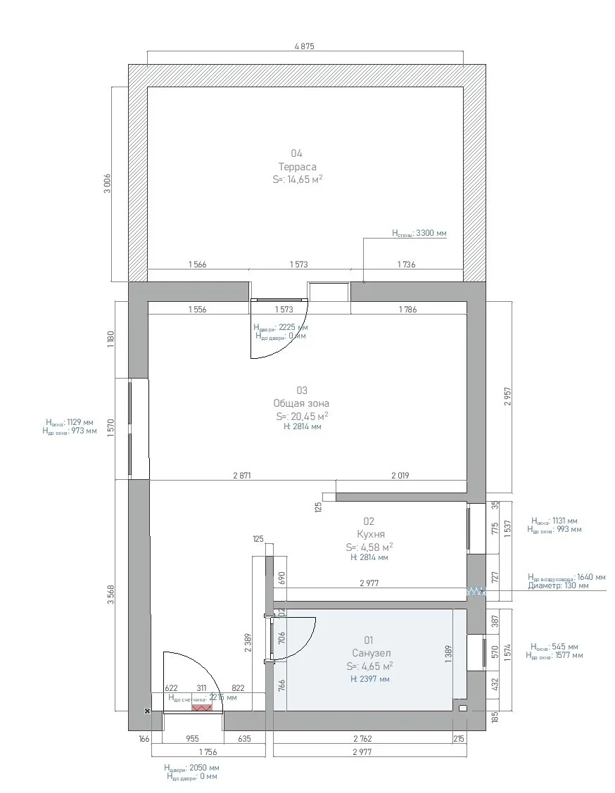 Ergonomičan studio sa skrivenom kuhinjom – plan 1