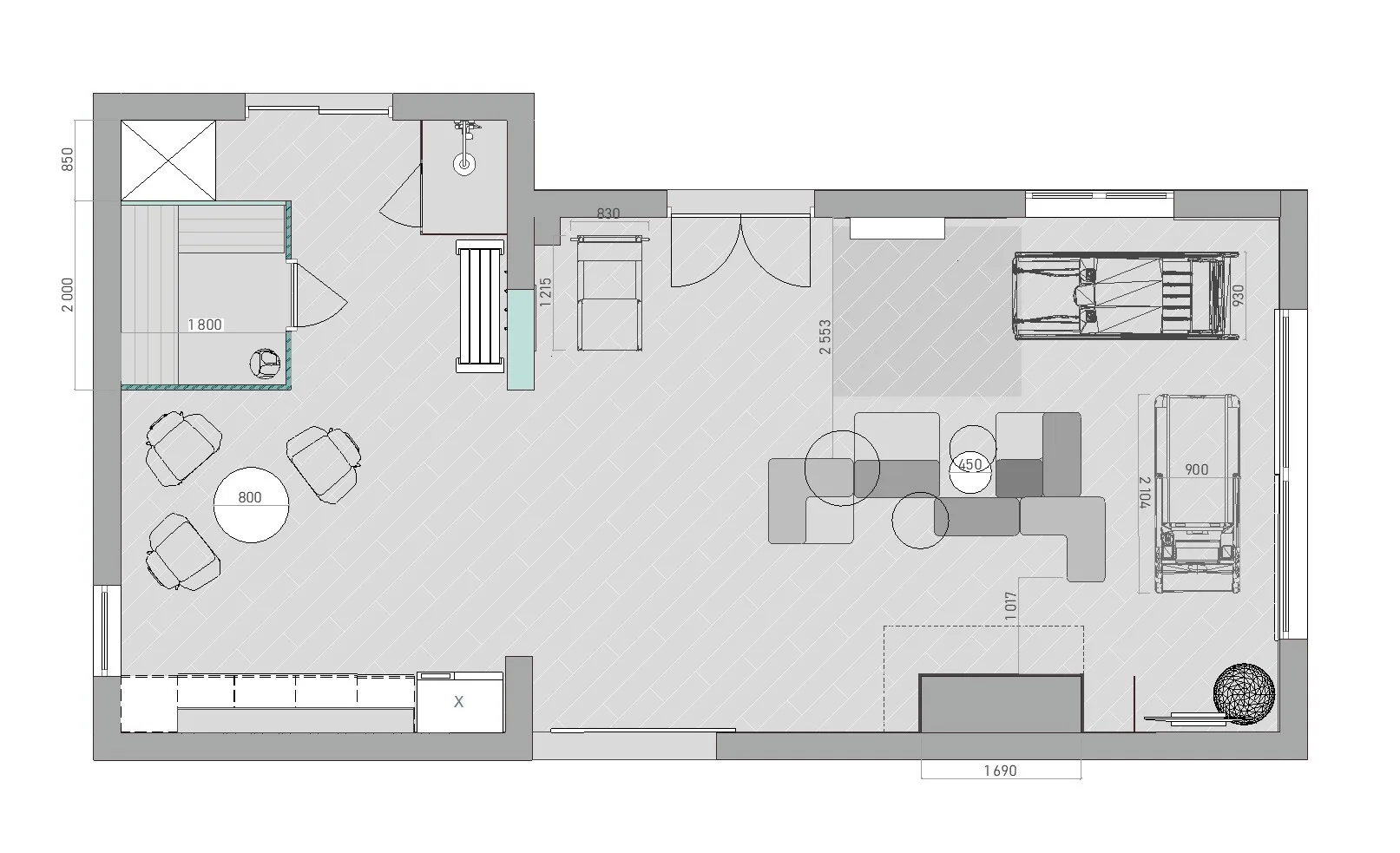 Teretana sa zonom za opuštanje u privatnoj kući – plan 2