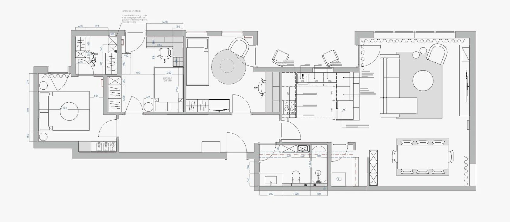 Plan stana od 105 m² u Tivtu sa rasporedom nameštaja